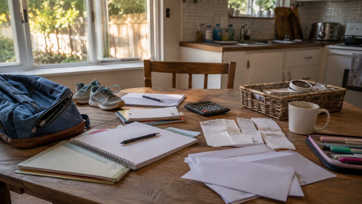School supplies, shoes and notebooks laid out on a family table before the start of school