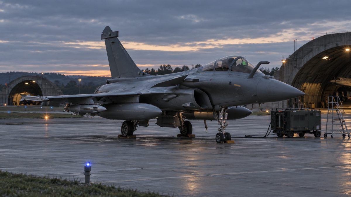 Rafale parcheggiato su una pista europea al crepuscolo con hangar militari sullo sfondo