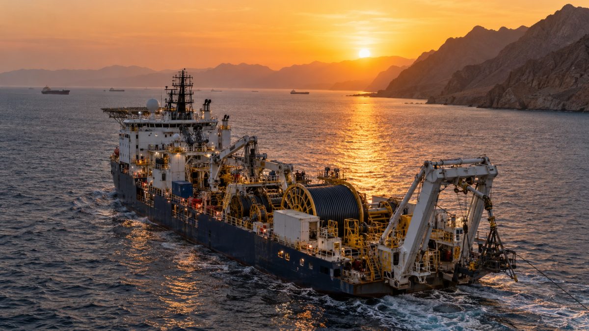 Navire câblier au large d'une côte aride près d'une importante route maritime
