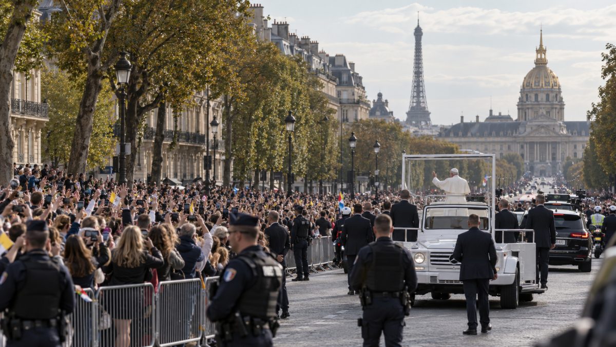 Folkemengde samlet på en stor aveny i Paris under politiovervåking under pavebesøket