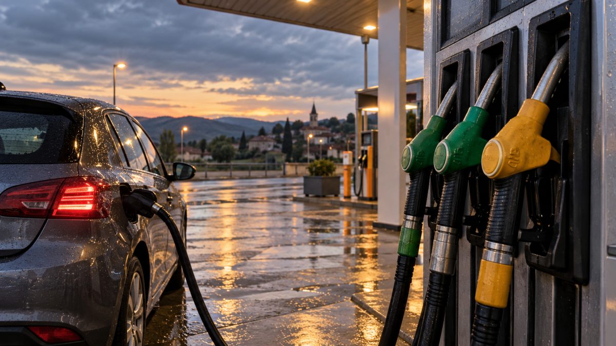 Pompe de station-service affichant des pistolets diesel et essence sous un éclairage de fin de journée