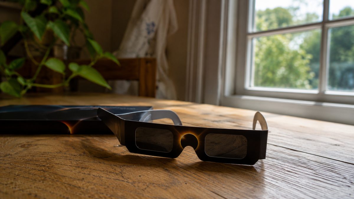 A pair of eclipse glasses on a table near a sunny window