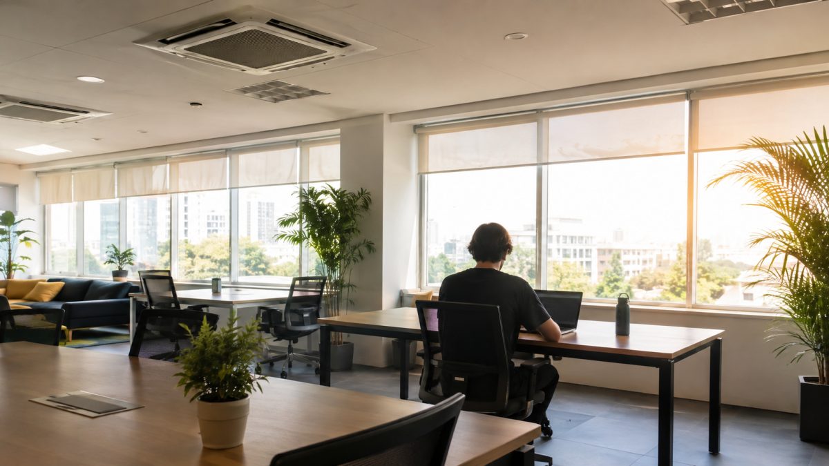 Lavoratore da remoto in un ufficio caldo che confronta casa propria con uno spazio di coworking climatizzato