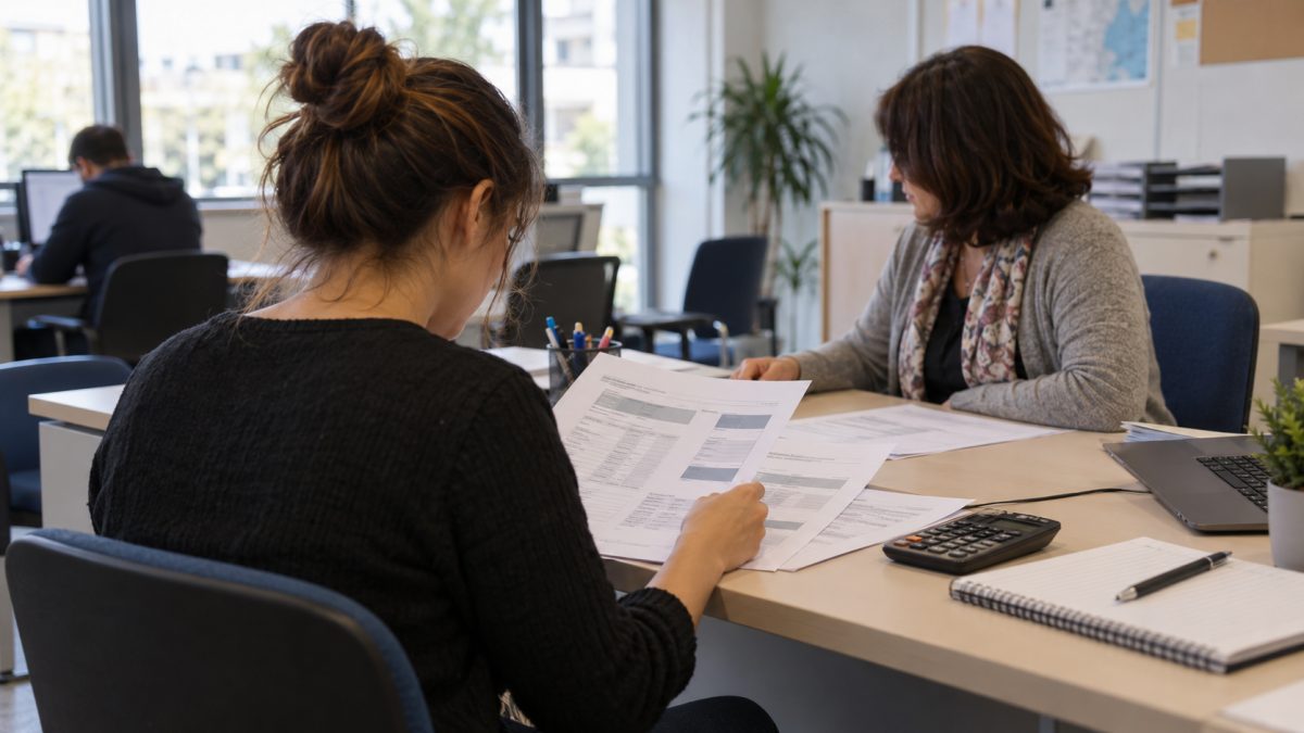 Demandeur d’emploi consultant ses documents dans un bureau de France Travail lumineux
