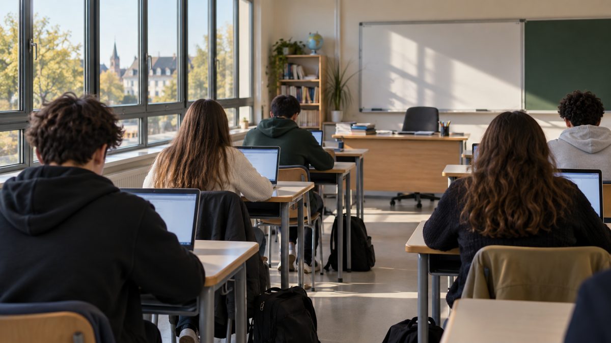 Studenti che lavorano su computer portatili in un'aula tranquilla prima di una valutazione