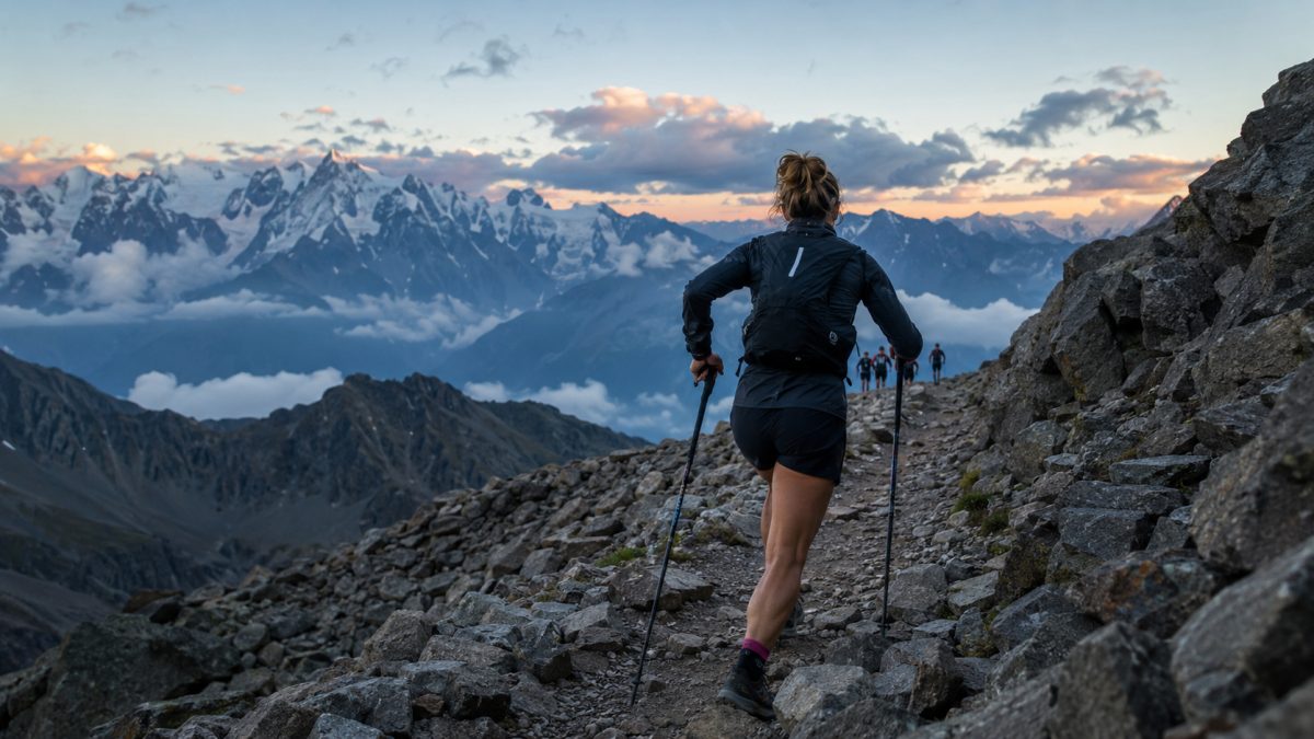 En kvinnelig ultra-trail-løper på en alpin sti ved Mont-Blanc ved soloppgang