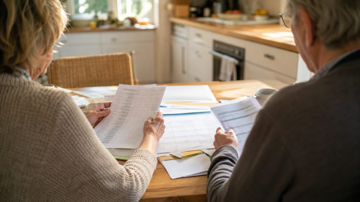 An older couple reviews their retirement documents at a bright kitchen table