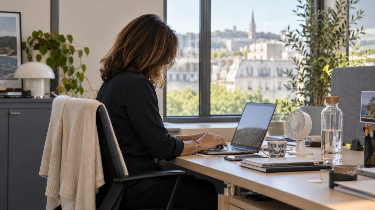 Salariée travaillant dans un bureau lumineux avec ventilateur, bouteille d’eau et ordinateur portable