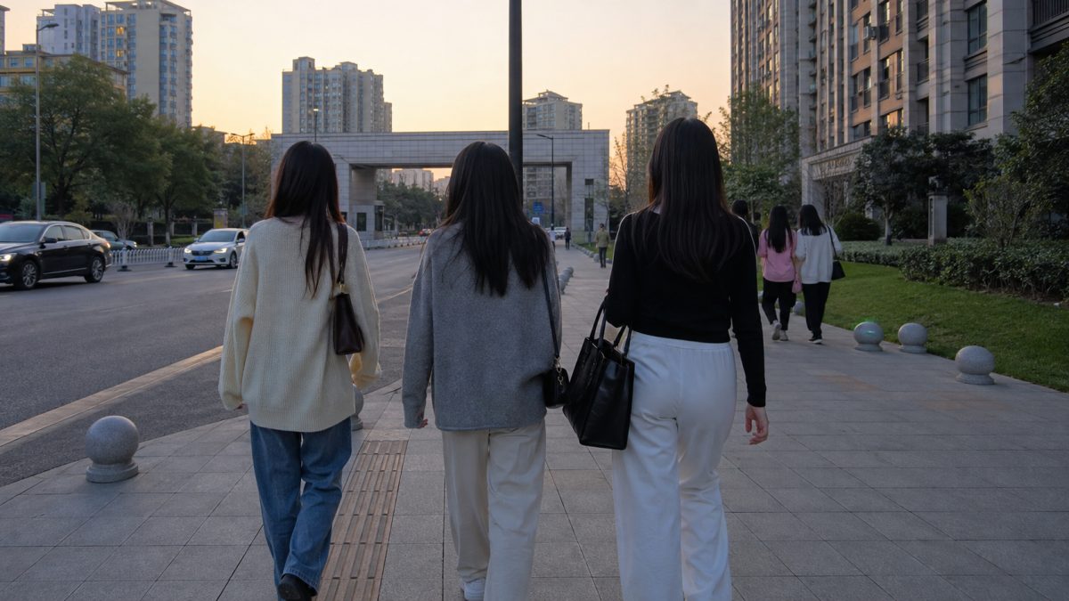 Young Chinese women walking along a modern urban street at the end of the day