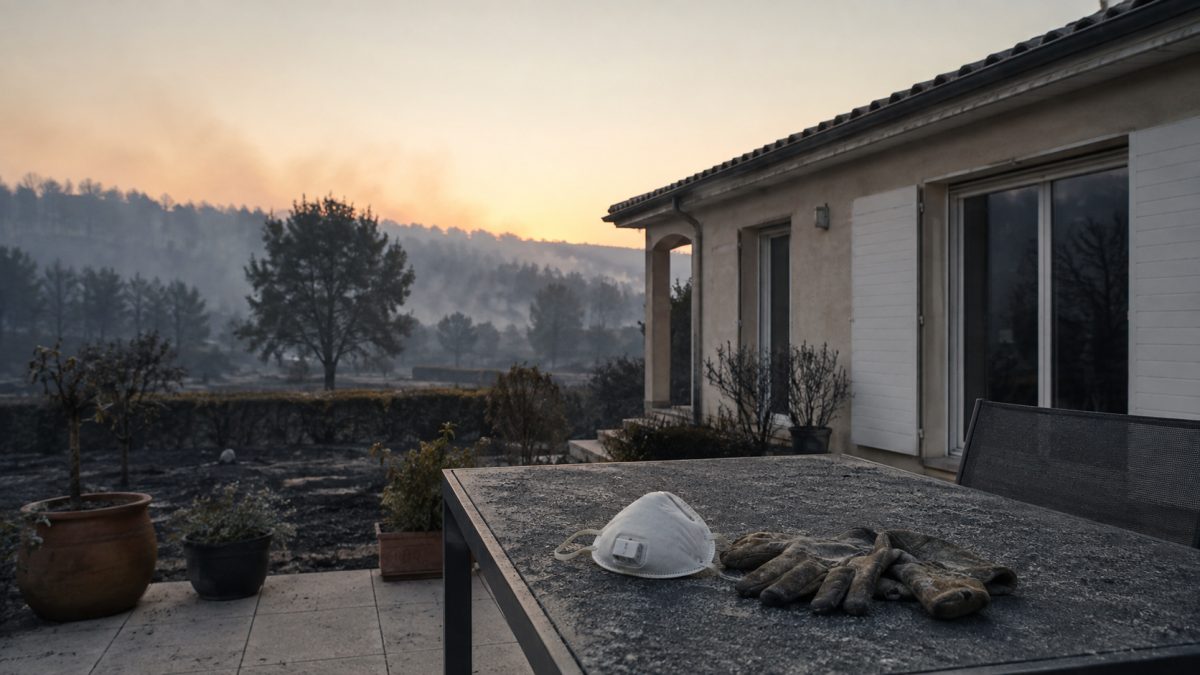French home covered in ash after a nearby wildfire