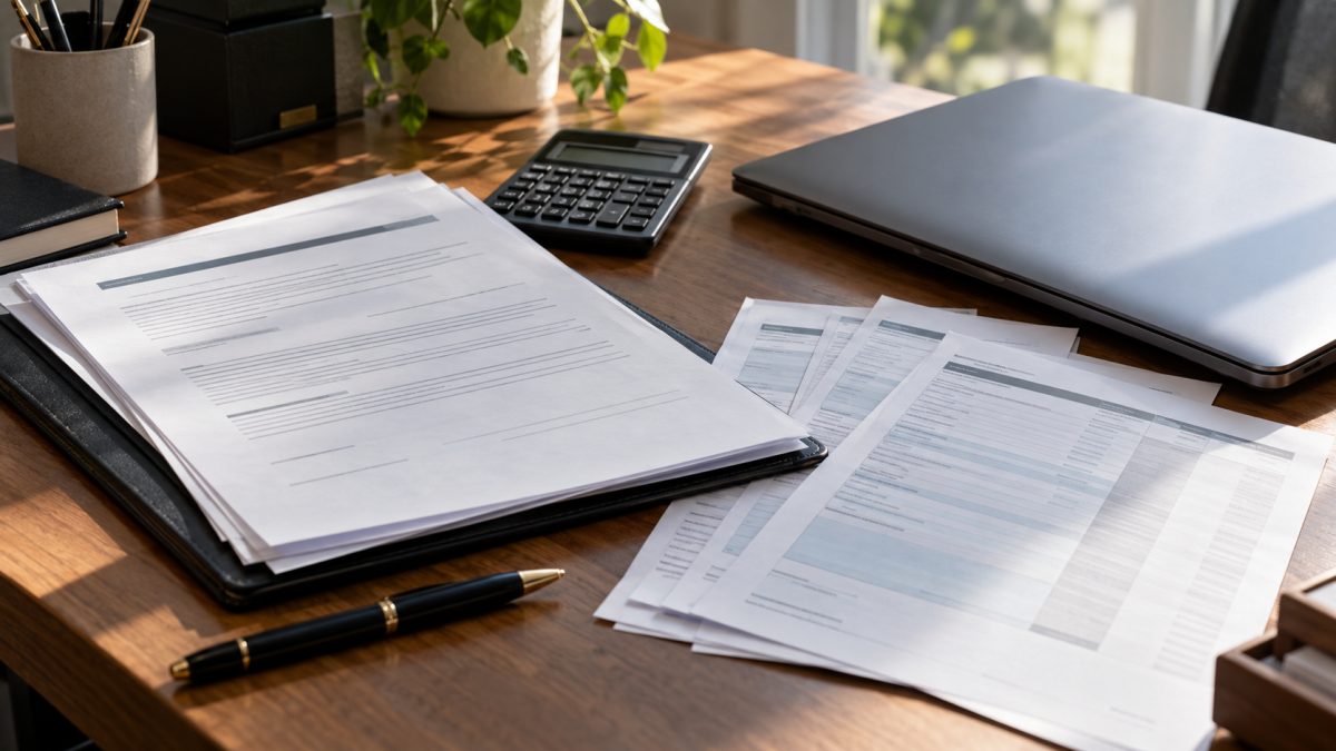 Salarié consultant des documents de fin de contrat et une calculatrice sur son bureau