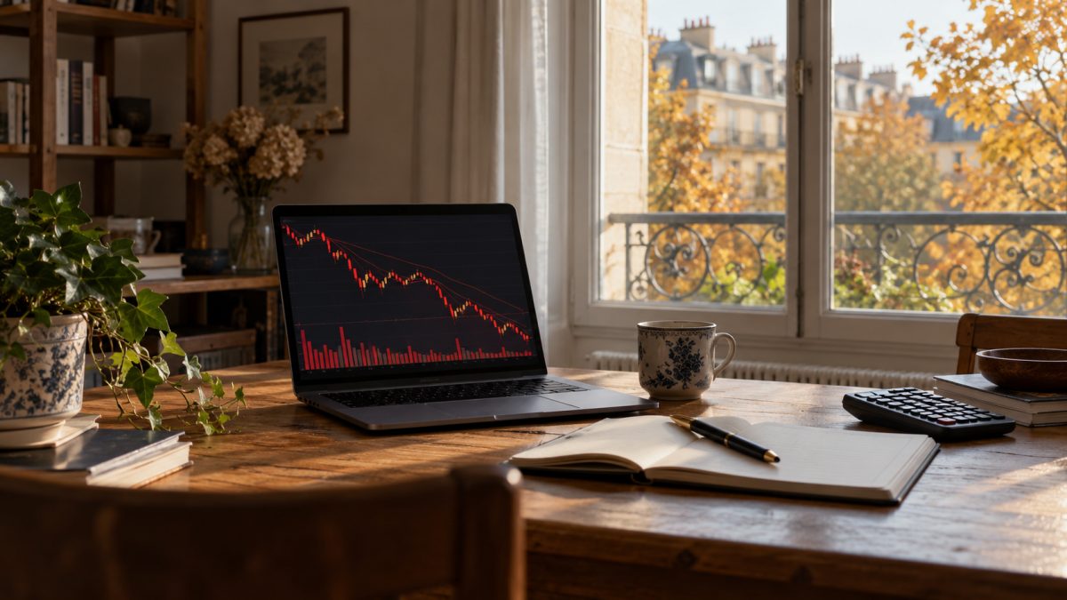 Épargnant consultant les cours du CAC 40 sur un ordinateur dans un bureau lumineux