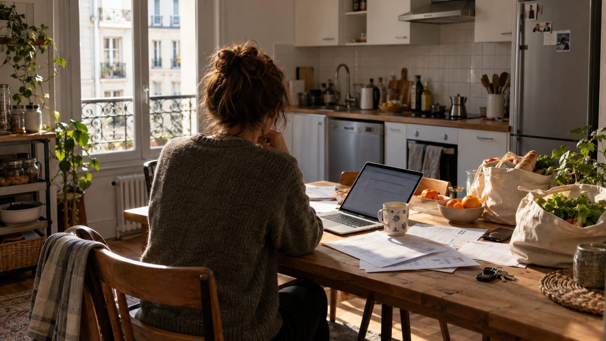Personne seule à une table de cuisine avec factures, courses et ordinateur portable
