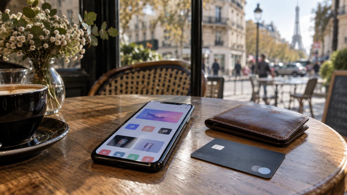 테이블 위 iPhone 화면에 여러 앱 스토어가 표시된 모습