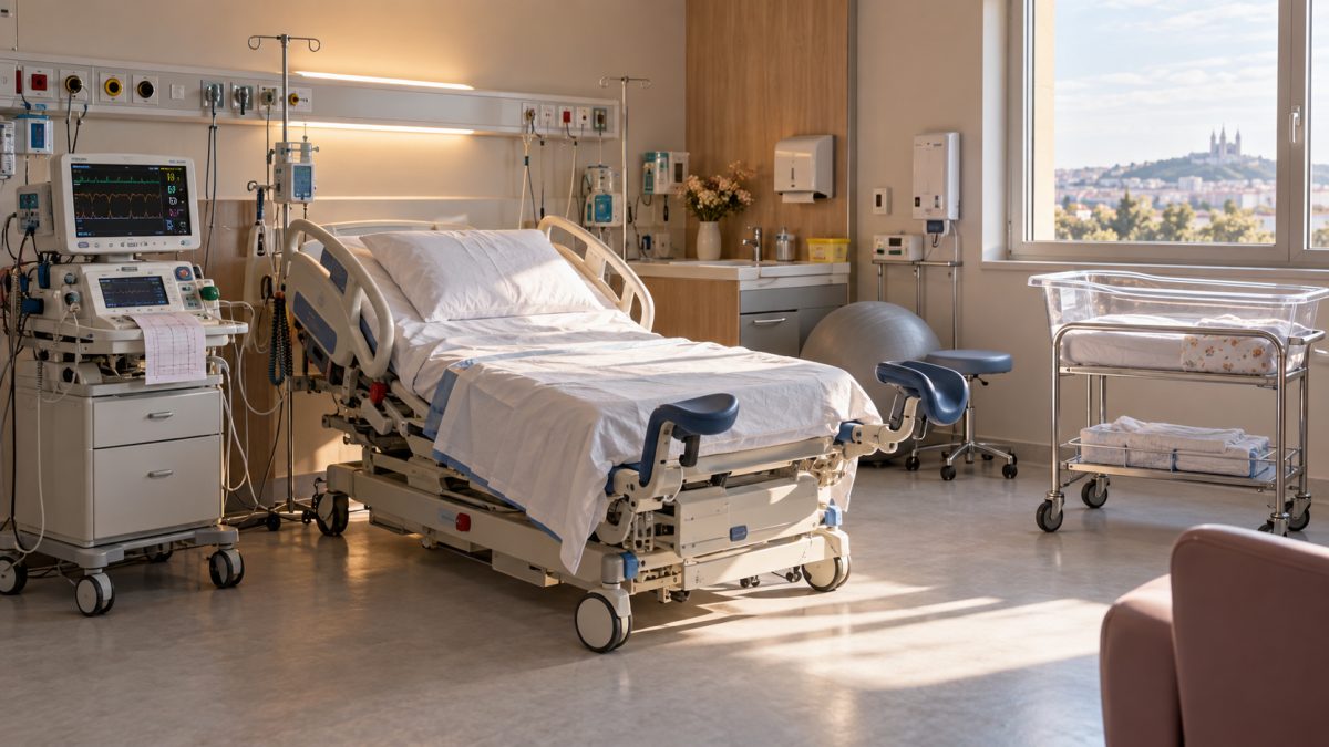 Salle de naissance hospitalière vide avec lit médicalisé, moniteur et lumière douce