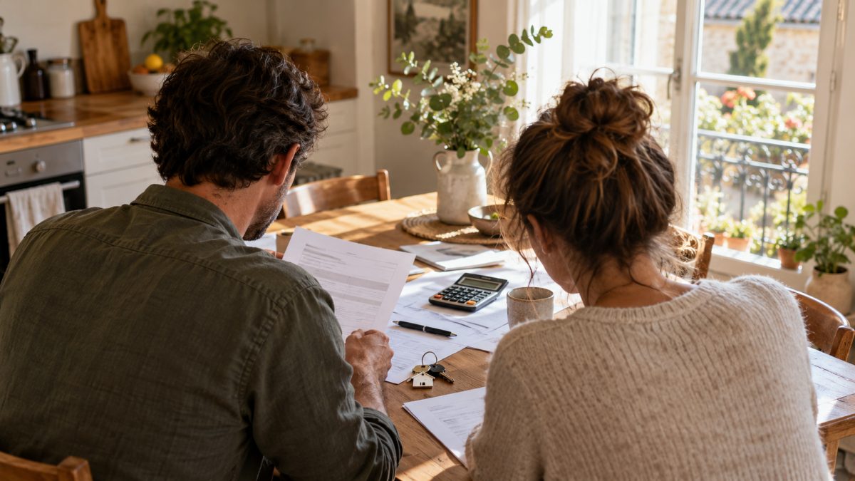 Couple examinant une offre de prêt immobilier avec calculatrice et documents bancaires sur une table