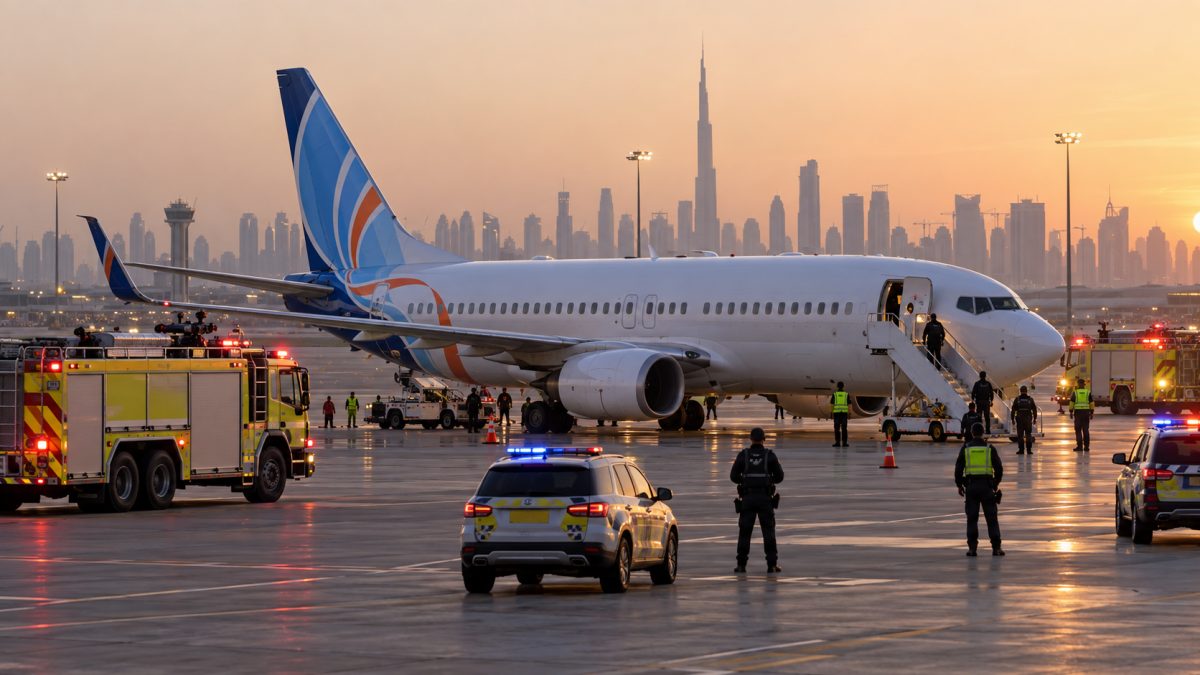 Avion Flydubai au sol sur un tarmac du Moyen-Orient sous surveillance renforcée