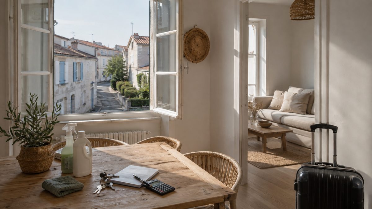Luminoso appartamento per le vacanze con valigia, chiavi e quaderno dei conti su un tavolo