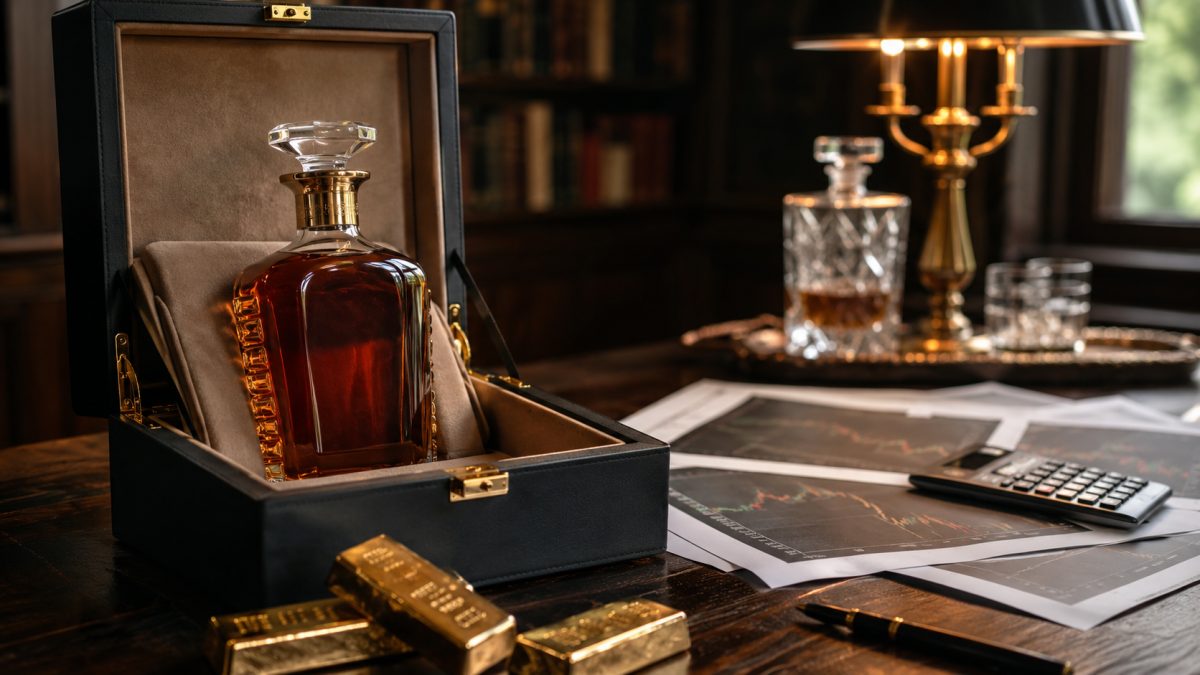 Bottle of rare whisky on a wooden table with gold bars and printed financial charts