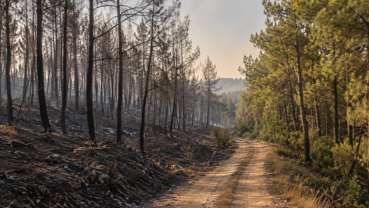 Verbrannte Kiefern am Rand eines Privatwaldes nach einem Sommerbrand