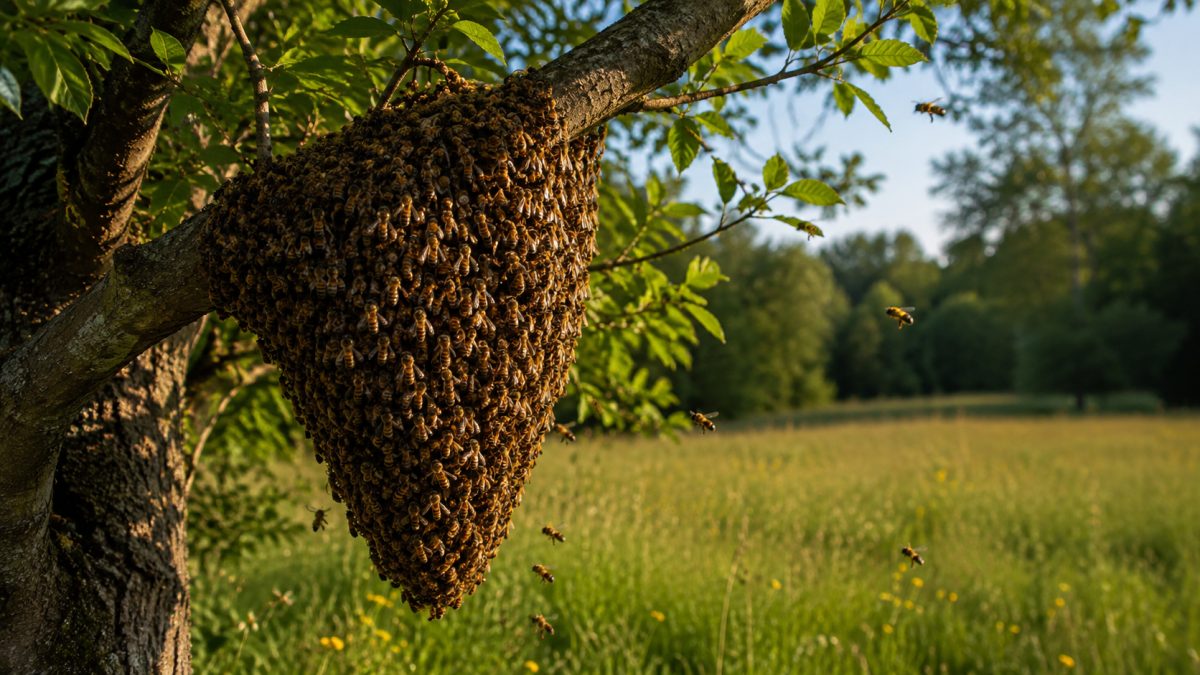 Swarm of bees clustered on a branch while scouts search for a new nest