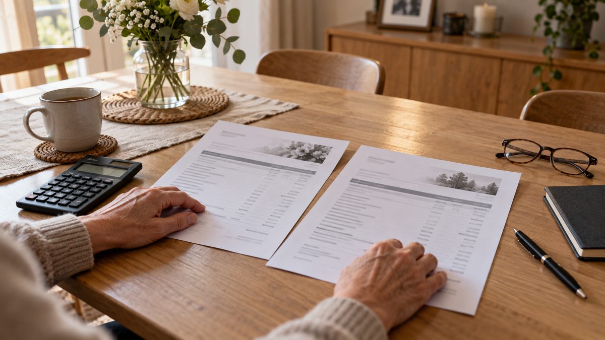 Deux devis de pompes funèbres posés sur une table avec une calculatrice et un stylo