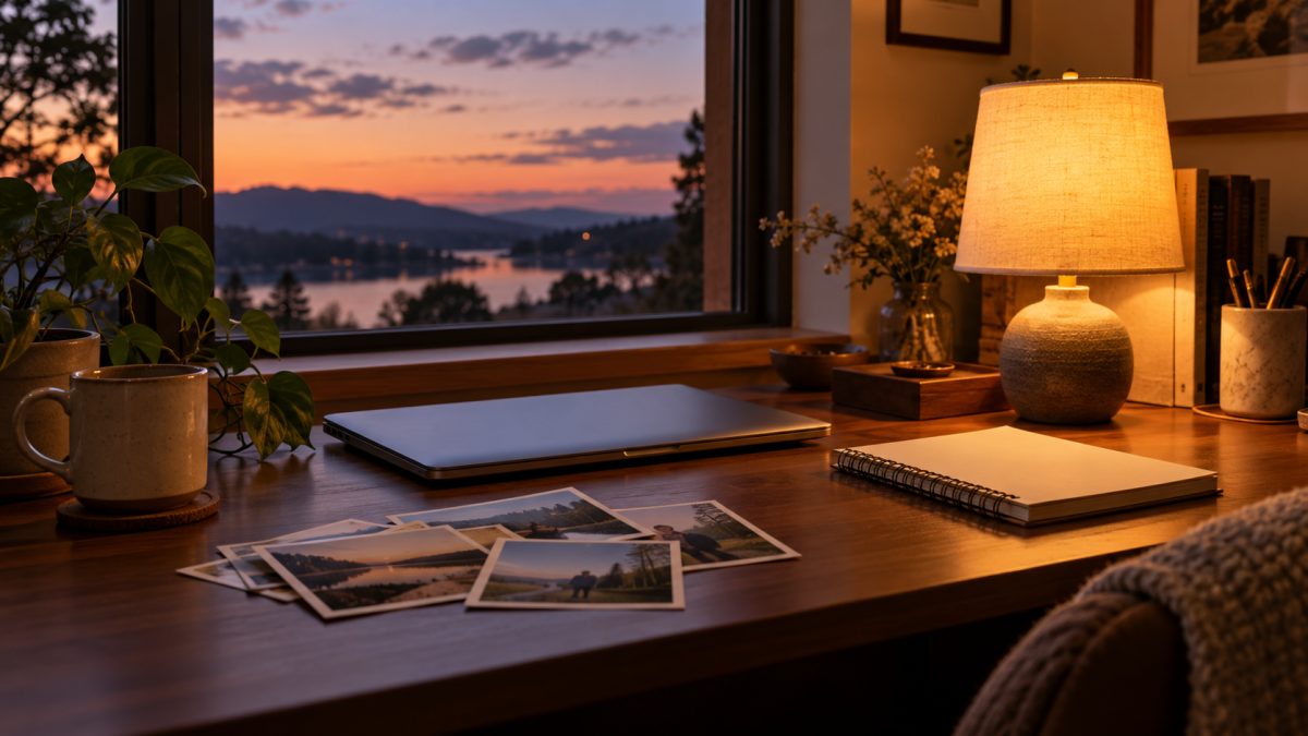 Un ordinateur portable fermé et des photographies familiales sur un bureau éclairé par une lampe.