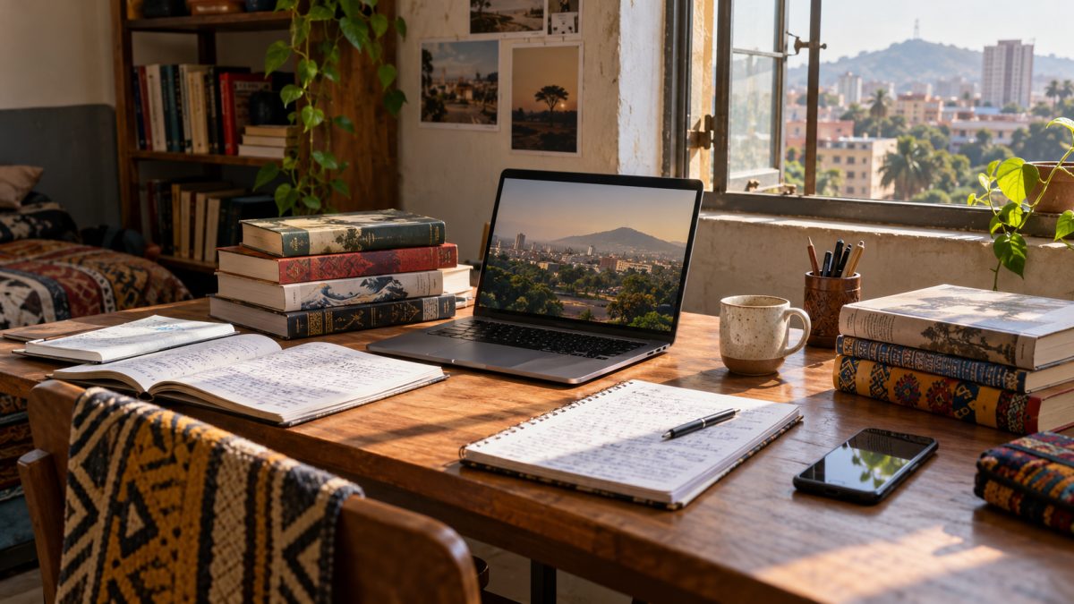 Un ordinateur portable sur une table de travail avec plusieurs livres en langues étrangères et un carnet ouvert.