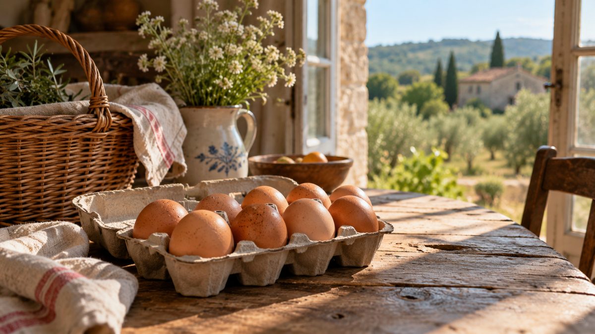 Boîte d’œufs frais posée sur une table de cuisine près d’un panier en osier