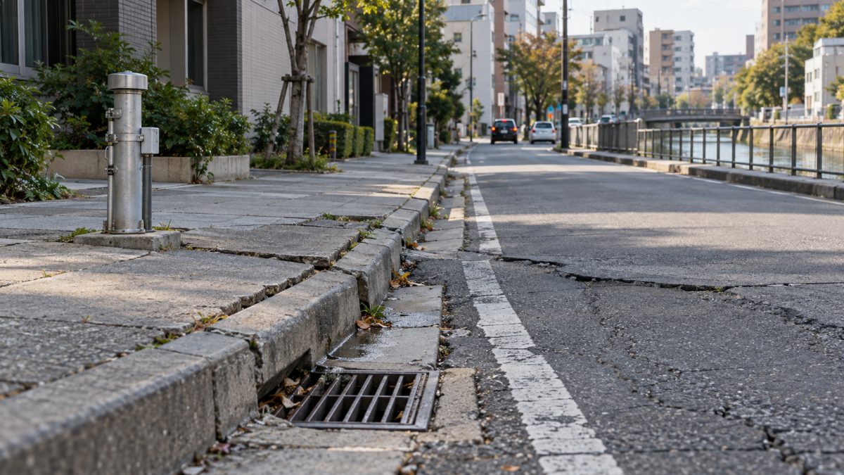 Rue urbaine traversée de fissures légères près de bâtiments modernes sous une lumière naturelle