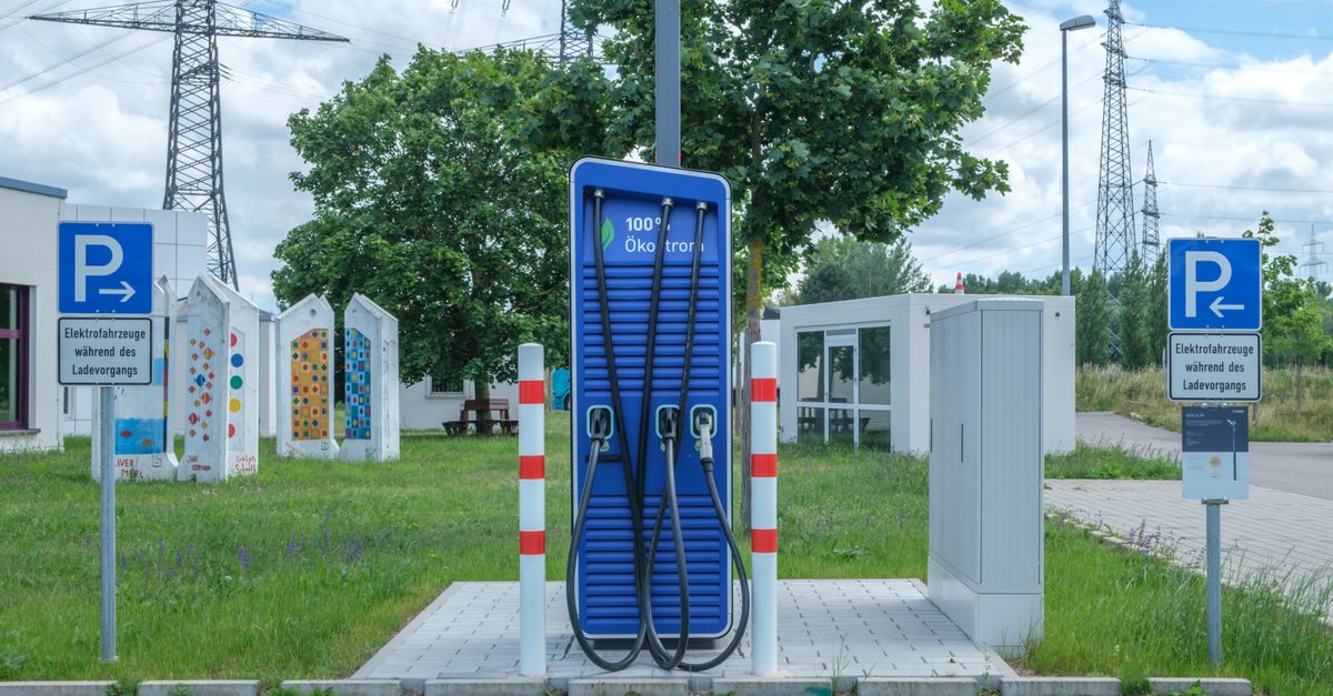 Electric car connected to a charging station in France in 2026
