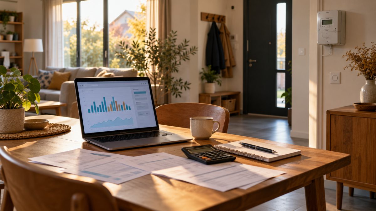 Un compteur électrique et des factures posées sur une table près d'un ordinateur portable dans une maison.