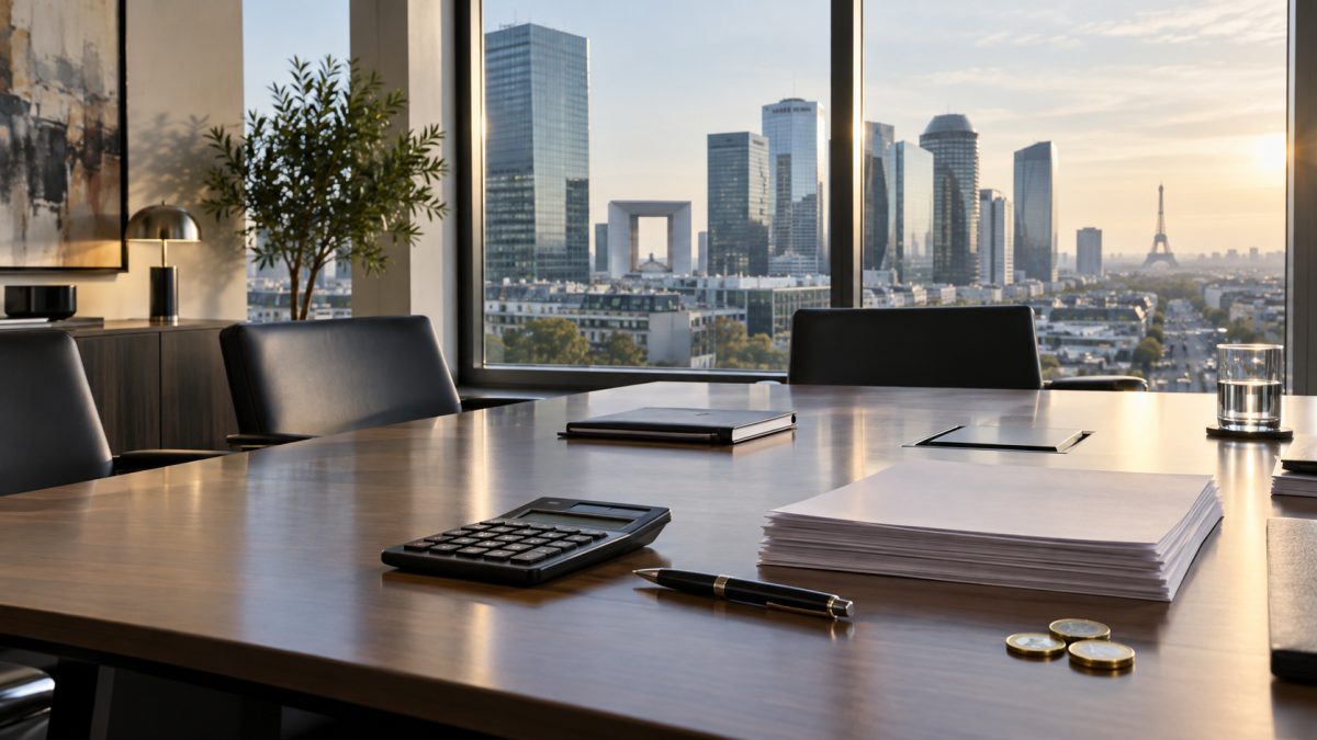 Corporate meeting room with financial reports, a calculator and documents laid out on a table.
