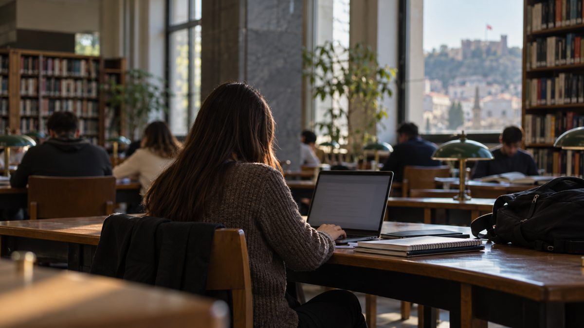Étudiant écrivant anonymement un signalement sur son ordinateur dans une bibliothèque universitaire calme