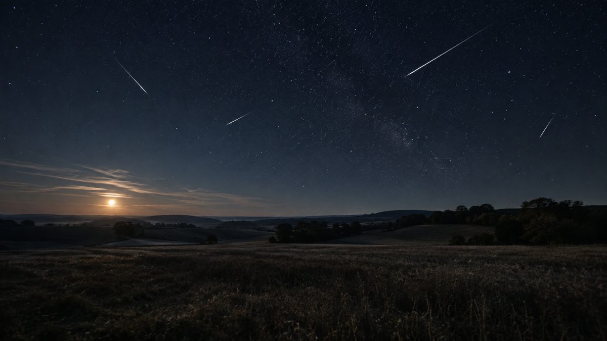 Stjerneklar nattehimmel med flere meteorer over et landlig fransk landskap