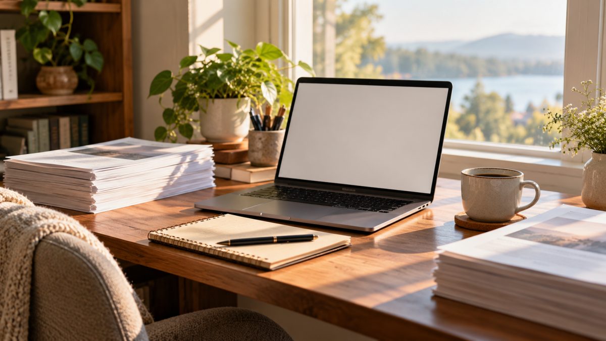 Un ordinateur portable ouvert sur un bureau avec deux documents imprimés en français et en anglais.