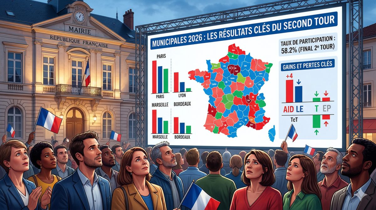 Aerial view of a French town hall illuminated on election night with tricolor flags