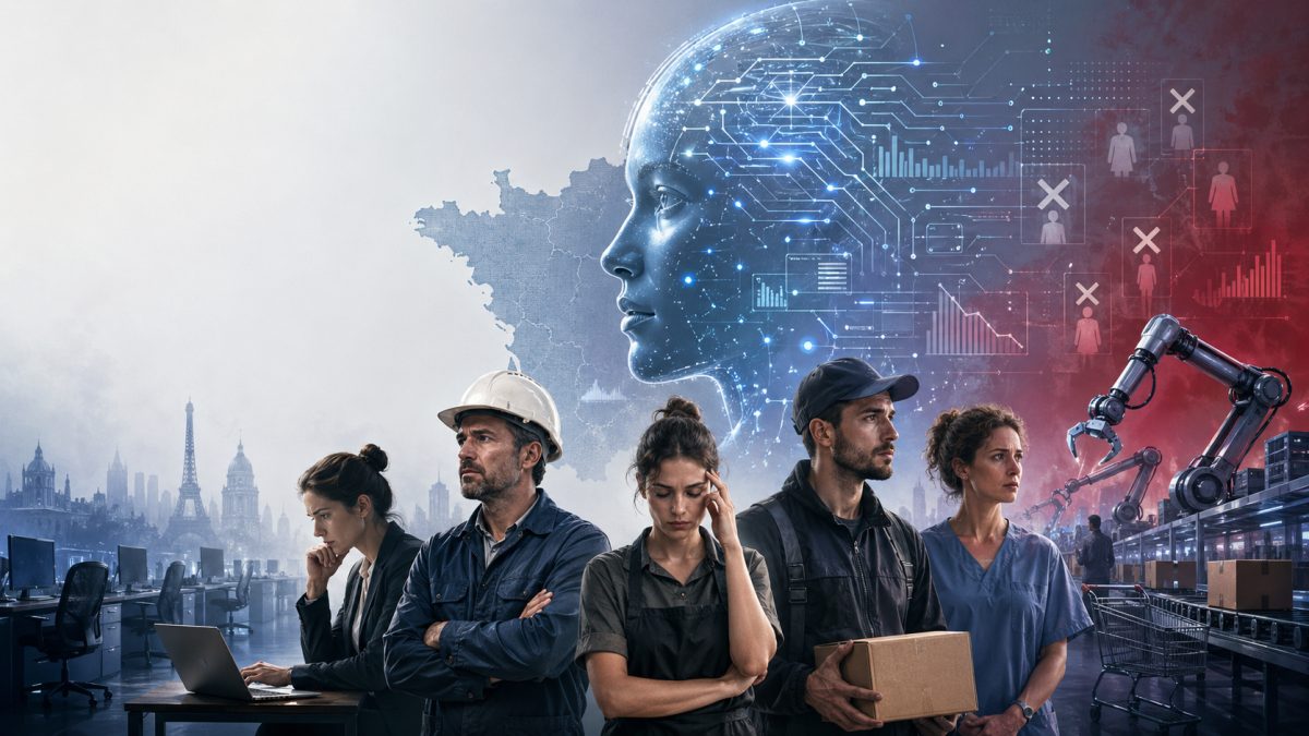 En ansatt foran en skjerm med grafer som viser kunstig intelligens sin påvirkning på sysselsetting i Frankrike