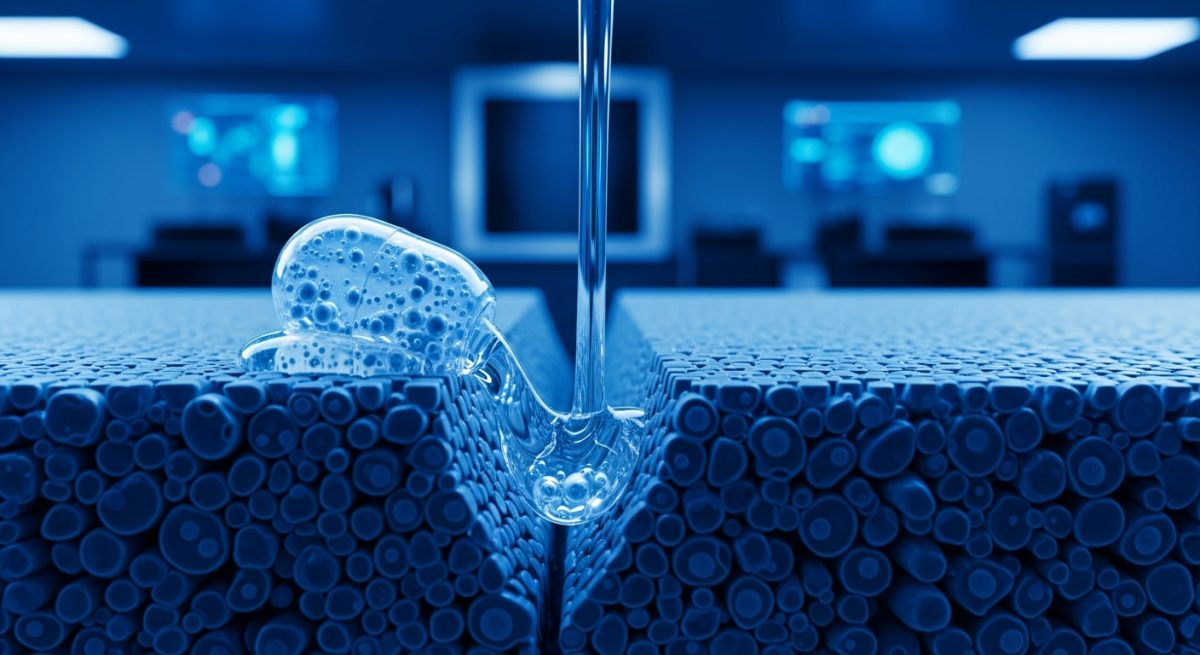 Microscopic structure of a self-healing material showing microcapsules releasing a healing agent into a crack on a scientific blue background