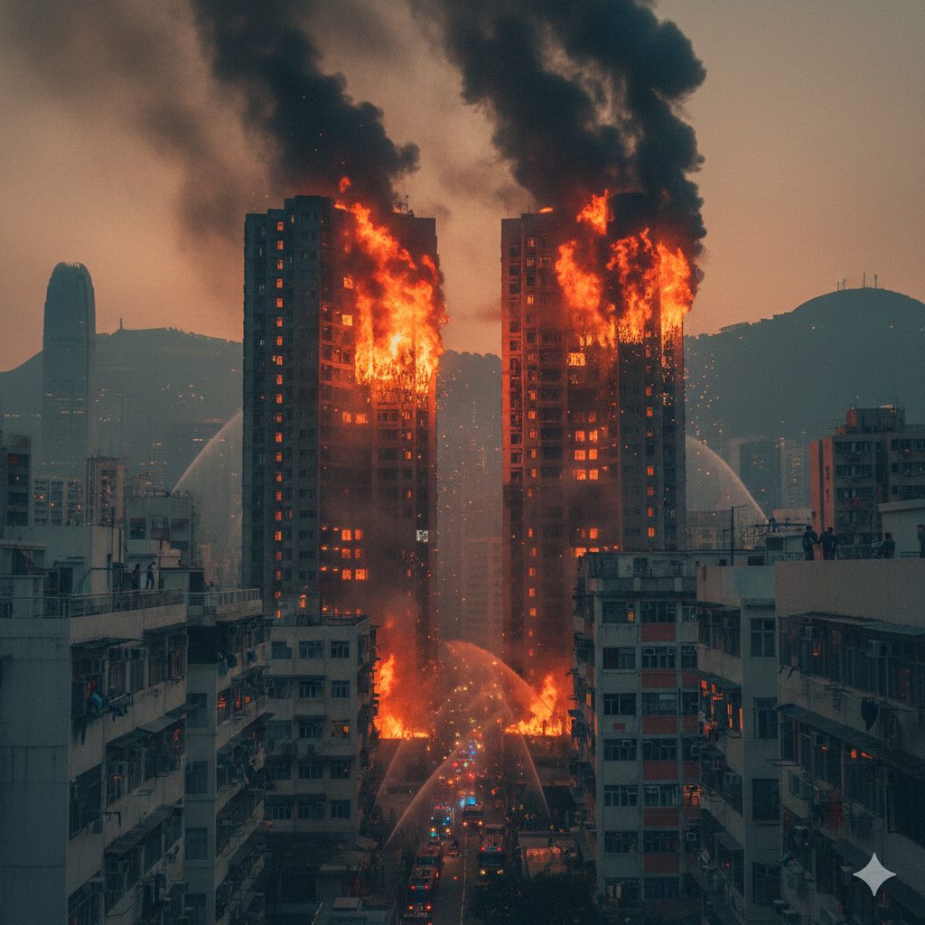 消防员在香港住宅建筑群扑救造成大量伤亡的毁灭性火灾