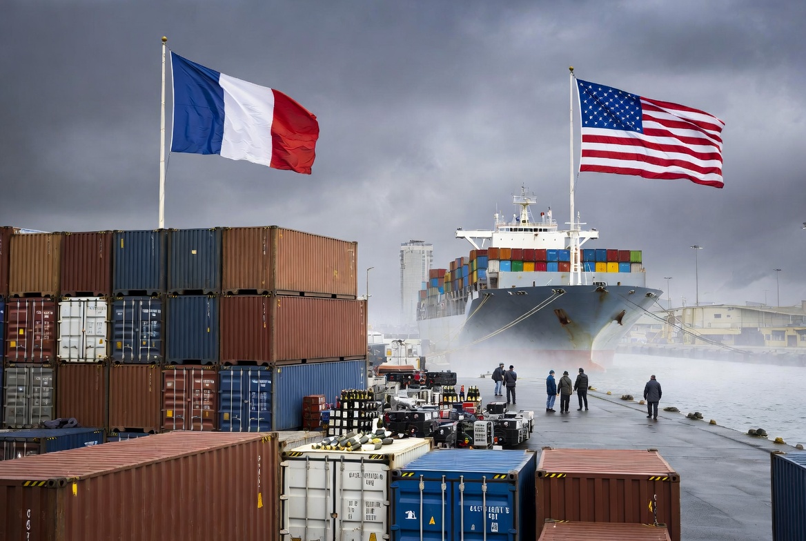 Contenedores de carga apilados en un puerto industrial que ilustran las tensiones comerciales de la guerra arancelaria mundial en 2026