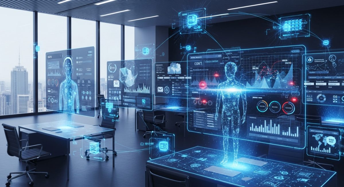Interfaz holográfica futurista que muestra agentes de IA autónomos colaborando en tareas profesionales en una oficina moderna
