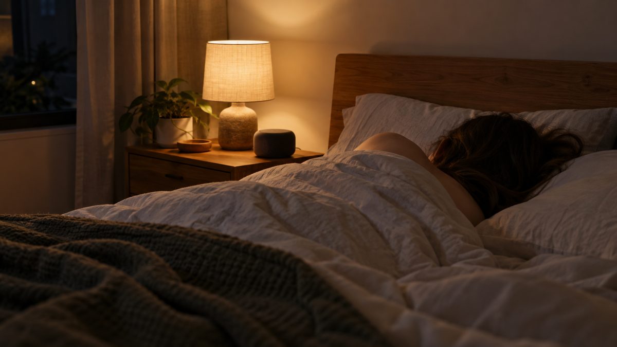Personne endormie dans une chambre sombre avec enceinte discrète posée sur la table de nuit
