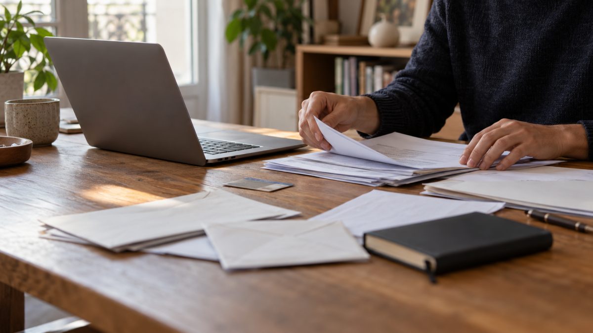 Documents personnels et courriers bancaires examinés sur une table avec ordinateur portable et carnet.
