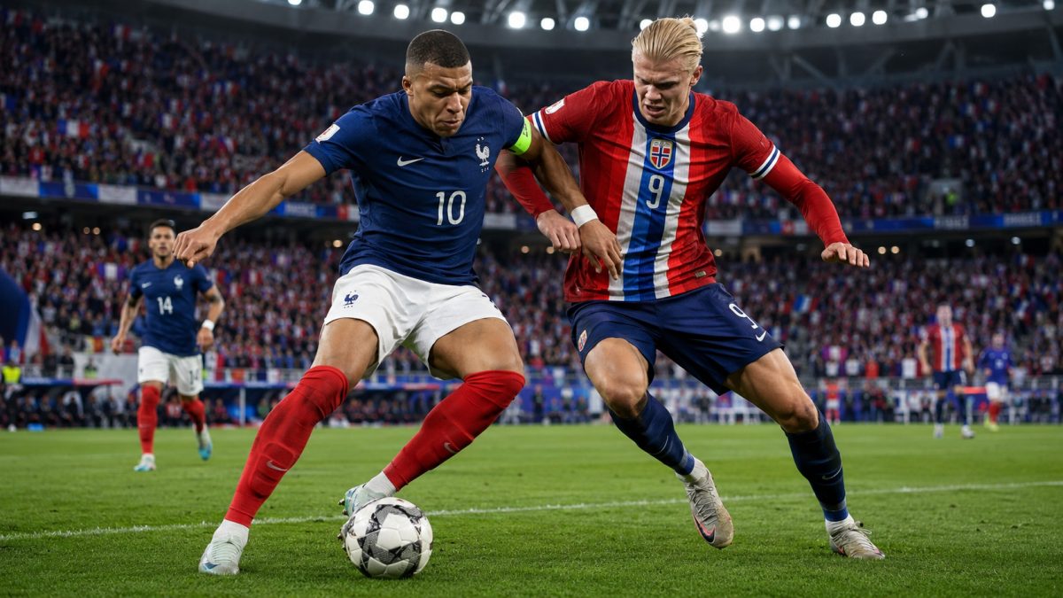 夜にライトアップされたサッカースタジアム、緑のピッチと満員の観客席