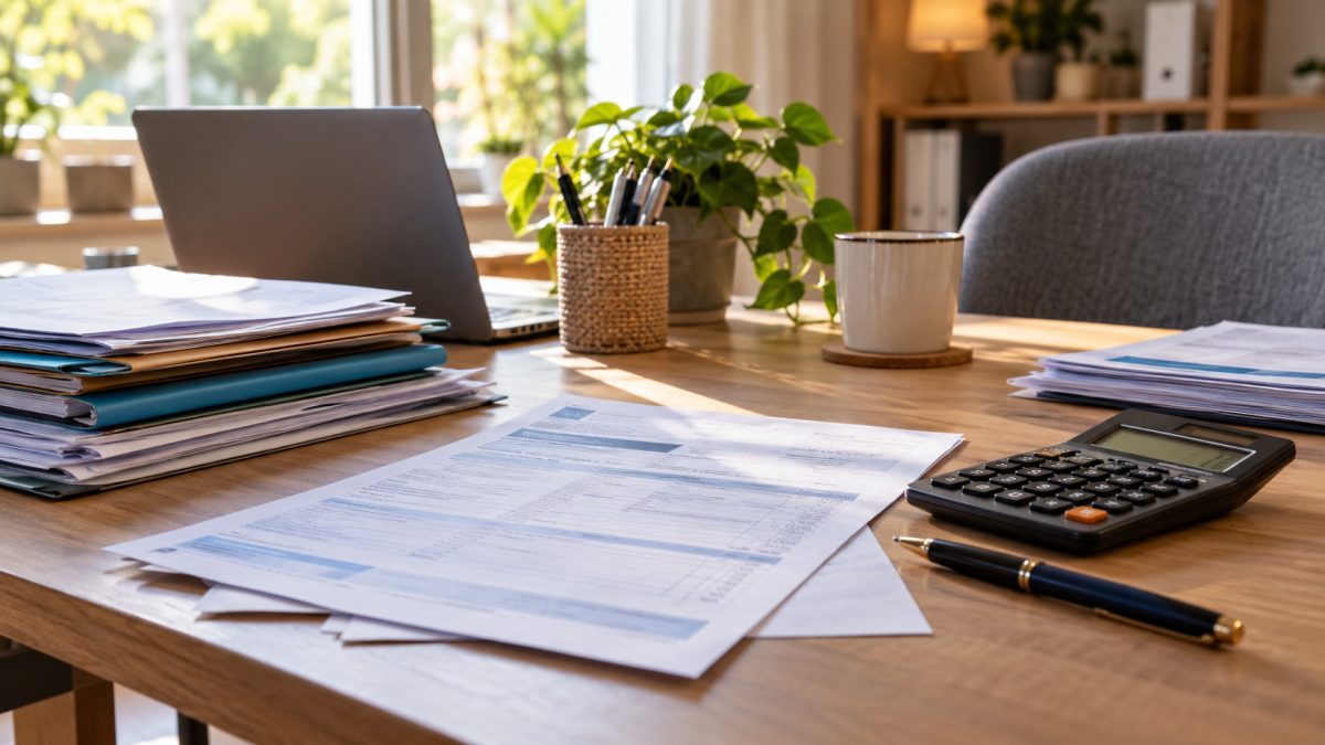 Avis d’impôt imprimé posé sur un bureau avec calculatrice, stylo et relevés administratifs