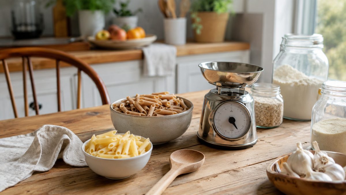 Plates of white and whole-wheat pasta placed beside a kitchen scale.