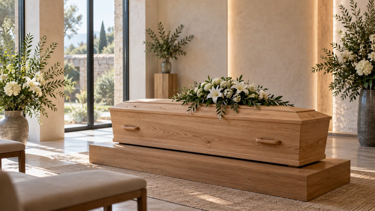 Un cercueil en bois clair entouré de feuillages dans une salle funéraire lumineuse et sobre