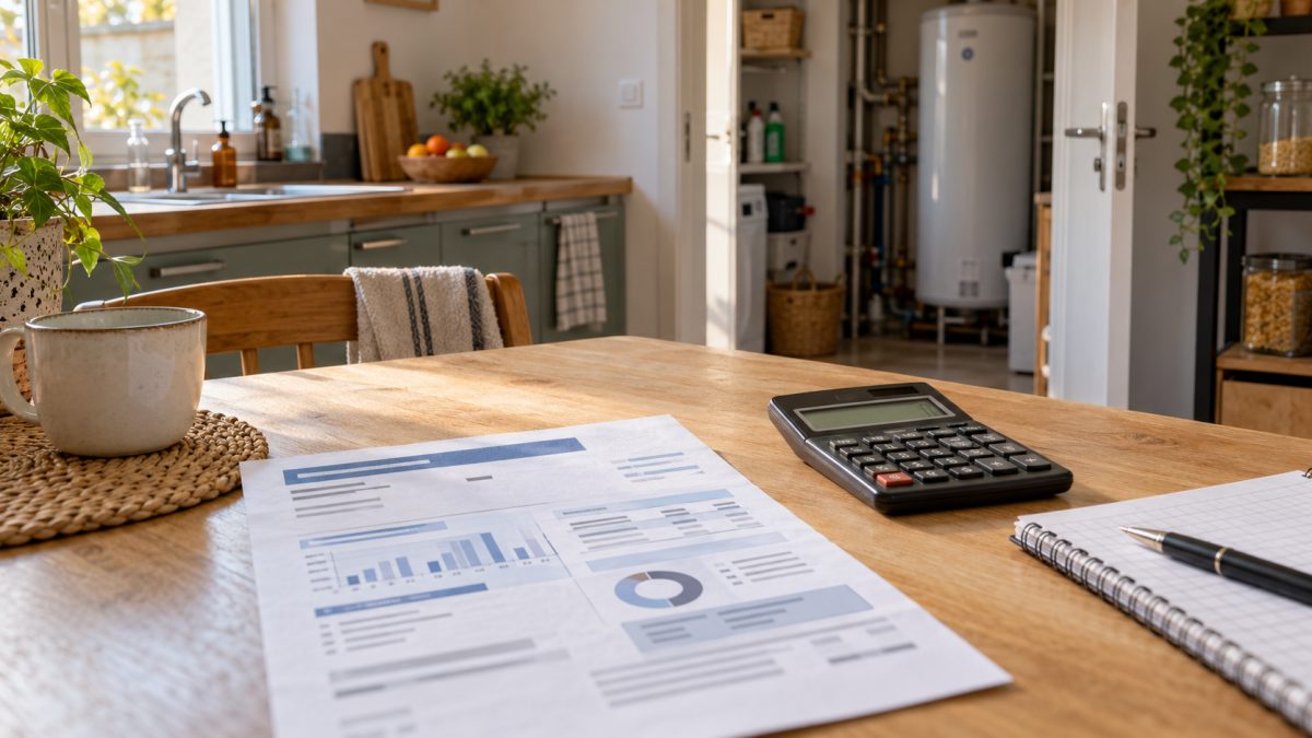 Un compteur électrique et des factures posés près d'un ordinateur dans une maison française lumineuse