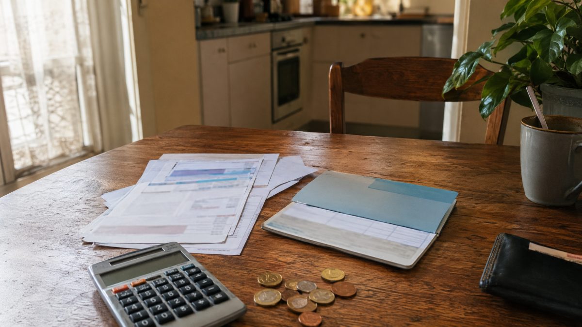 En sparebok, en energiregning og mynter på et kjøkkenbord